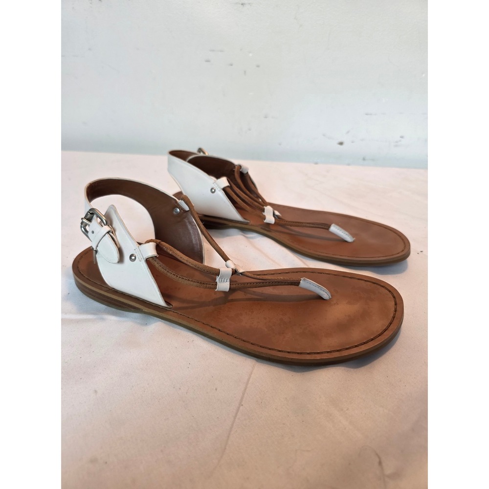 Coach Clarkson White Leather Flat Thong Sandals Ankle Strap Brown Cord Q8976 10B